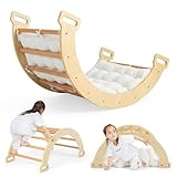 HOMASIS Kletterbogen mit Kissen, Holz Klettergerüst Indoor, Montessori Holzwippe Bogenwippe zum Wippen & Klettern, Picklerdreick Baby, Kletterdreieck Klettergeräte für Kinder ab 3 Jahre (Natur)