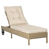 Outsunny Polyrattan Sonnenliege Gartenliege mit Rollen Kissen 4-stufig verstellbar Rattanliege Gartenmöbel Liege Stahl Natur+Khaki 200 x 66 x 92 cm