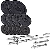 ScSPORTS® Hantelset - 48 kg, inkl. 2 Kurzhanteln, Langhantel, Curlstange, 30mm, Hantelscheiben 2x5kg, 4x2,5kg, 6x1,25kg, Gusseisen - Gewichtsset, Hantel Set, Gewichte, Zuhause, Fitness