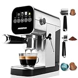 Aigostar Espresso Siebträgermaschine, Kompatibel mit Kapseln & Bohnenkaffee, 0,9L, 1350W, 20 Bar Druck, LCD-Touchscreen, Milchaufschäumer, Edelstahlgehäuse, Kaffeemaschine Klein für Haushalt & Büro