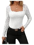 GORGLITTER Damen Spitzen Bluse Elegant Oberteil Langarm Trachten Spitzenshirt Vintage Spitzenbluse Eng Langarmshirt Party Tunika Casualshirt Weiß L