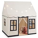 COSTWAY Kinderspielhaus mit Sternenlichtern, Prinzessin Prinzess Kinderzelt mit Fenstern & Netzvorhängen, Kinderspielzelt Spielzelt Spielhaus für Jungen und Märchen (Beige)