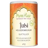 Tulsi Pulver Bio (Vegan Ayurvedisch Rohkost) – Heiliger Basilikum - Königsbasilikum - Ocimum Tulasi - Indisches Basilikum ohne Zusatzstoffe - Abgefüllt & Kontrolliert in Deutschland | PureRaw 40g