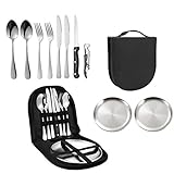 Camping Besteck Set, Camping Cutlery Set, 2 Personen Campinggeschirr Edelstahl Reisebesteck mit Gabeln Löffel Messer Flaschenöffner Teller für Outdoor Geschirrset Reisen Wandern (Silber)