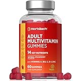 Multivitamin Gummies | 14 Vitamine und Mineralstoffen mit Jod, Vitamin C, A, D, E, Biotin, Zink & mehr | 60 Gummibärchen für Erwachsene | Natürliche mit Erdbeergeschmack | Horbaach