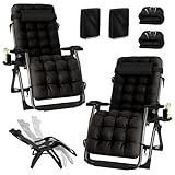 Sonnenliege Klappbar Zero Gravity 2er Set, Balkon Liegestuhl Garten bis 200kg, Verstellbar Gartenliege mit Auflage, Getränkehalter & Kopfpolster, Relaxliege Outdoor (Schwarz+Schwarz, Extra Breit 72cm)