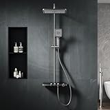SONNI Duschsystem mit Thermostat (KTW/WRAS) Anthrazit Matt - 360° Drehbarer Eckiger Kopfbrause (1 Strahlart), Handbrause (3 Strahlarten), Brausestange aus Runde, Duschset, 38°C Konstanttemperatur, ABS