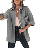 Dokotoo Bluse Damen Musselin Langarmshirt Baumwolle Lässig Oberteile Hemd Langarm Farbblock Shirts Einfarbig Tops Hemdjacke Grau M