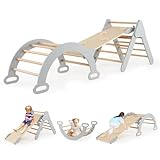FANTASK 4 in 1 Klettergerüst Indoor mit Kletterdreieck & Kletterbogen & Rampe, Kletterdreieck Holz Frei kombinierbar, Sprossendreieck für Kleinkinder ab 1 Jahre (Grau)