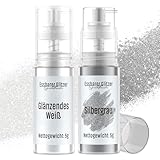 Essbarer Glitzer Spray Silbergrau & Weiß, Wwtop 2 Farben set Lebensmittel Glitzer für Getränke Puder Essbar für Backen, Erdbeeren, Cupcakes, Kuchen, Fondant, Cocktails, Schokolade (5g)