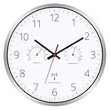 Koosome Funk Wanduhr Geräuschlos 30 cm Lautlos – Ohne Tickgeräusche, Modern mit Temperatur und Feuchtigkeitsanzeige Analoge Funk für Küche Wohnzimmer Schlafzimmer Büro(Silber)