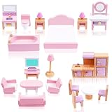 HOTUT Puppenhaus Möbel Set aus Holz, 22 Stück Puppenhaus Zubehör, Mini Puppenhaus Holzmöbel mit Schlafzimmer,Badezimmer,Wohnzimmer, Küchenmöbel,Kinder Spiel Geschenk ab 3 Jahren