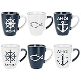 com-four® 6x Kaffeebecher aus Keramik - 350 ml Trinkbecher - Maritime Kaffeetassen für zu Hause und Büro - Kaffeepott für Kalt- und Heißgetränke (6 Stück - weiß/blau)