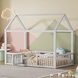 Crlnaup 90 * 200cm Massivholzbett, Doppelbett, Flachbett, Hausbett, Hausbett mit Türchen, weiß