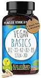 Vegan Basics - Vitamin B12+D3+K2+B2+B9 Folsäure + Eisen + Jod - Komplex mit 120 Kapseln (4 Monats-Vorrat)