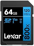 Lexar High-Performance 800x SD Karte 64GB, Speicherkarte SDXC UHS-I BLUE Series, Class 10, U3, V30, Bis zu 120 MB/s Lesen, für Point-and-Shoot-Kameras, DSLR-Kameras, HD-Camcorder (LSD0800064G-BNNAG)