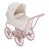 Little Dutch Puppenwagen aus Metall mit großen Rädern, Sonnenverdeck und Aufbewahrungskorb für Puppen bis 46 cm - Soft Flowers Weiß/Rosa