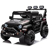 Kinder Elektroauto mit Verbesserter Akku 12V 7AH, Elektrofahrzeuge 3-Gang - 2 Betriebsmodi mit 2,4G-Fernbedienung, LED-Lichter, Bluetooth, Sicherheitsgurten für Kinder von 1-8 Jahren (Schwarz)
