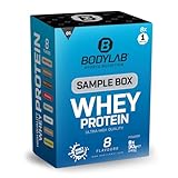 Bodylab24 Sample Box Whey Protein 1 (8x30g), 80% Eiweißgehalt, reich an BCAAs, 8 Geschmacksvarianten zum Ausprobieren mit je 1 Portion, perfekt löslich, ideal zur Nutzung nach dem Training