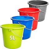 Eimer Putzeimer 5l, 4 Stück Plastikeimer, 5 Liter Haushalteimer, Wassereimer, Farbe: anthrazit, rot, grün, blau; mit Messkala, lebensmittelecht, Robuste & Langlebige Qualität - Made in EU