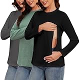 Love2Mi 3er Pack Damen Langarm Stillshirt mit Reißverschluss Umstandsmode zum Stillen T-Shirts fur Schwangere