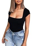 Sematomala Damen-Gymnastikanzug, quadratischer Halsausschnitt, kurzärmlig, einfarbig, figurbetont, Bodysuit, Cluboutfits - Schwarz - Klein