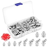 MXTIMWAN 105 Stück Schmiernippel Sortiment für Fettpresse, Schmiernippel Set M6 M8 M10 Gerade und Abgewinkelt 45 °, Abschmiernippel Kegelnippel mit Kappen, Kegelschmiernippel für Schmierpressen