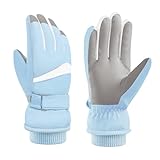 Andiker Damen wasserdichte Skihandschuhe, Winter Touchscreen Thermohandschuhe mit Fleece, winddichter Snowboardhandschuh zum Skifahren, Laufen und Radfahren (Blau-Weiß)