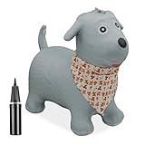 Relaxdays Hüpftier Hund, Springtier, bis 50 kg, BPA frei, für Kinder ab 3 Jahren, mit Halstuch, Luftpumpe, Hopser, grau