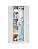furni24 TÜV/GS - Metall Putzmittelschrank – Wäsche Schrank aus Stahl mit Türen, Garderobenstange, große Fächer, Hutablage, fertig montiert - Grau, XXL 60 x 50 x 180 cm