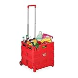 Relaxdays Einkaufstrolley, Klapptrolley mit Rollen & Teleskopgriff, bis 35 kg, Faltbare Einkaufshilfe, Rolltrolley, rot