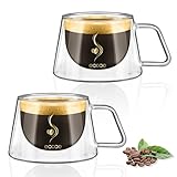 ecooe 120ml Espressotassen Glas Doppelwandige Espresso Gläser 2er Set, Borosilikatglas Kaffeetassen Glas Kaffeegläser Teegläser Espresso Tassen Set mit Henkel Löffel für Tee, Milch Geschenk für Frauen