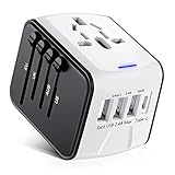 HOMYE Reiseadapter Weltweit, Steckdosenadapter Reisestecker Adapter Weltweit mit Typ-C 3 USB-Anschlüsse und AC Buchse, Travel Essentials für Reisen 150+ Land USA UK Italien Deutschland, Weiß