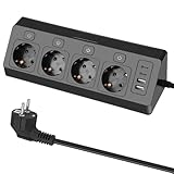 4 Fach Ecksteckdose Mehrfachsteckdose mit USB, Mehrfachsteckdose Steckerleiste mit 2 USB und 2 Type-C, 8 in 1 Überspannungsschutz mit 2M Kabel für Smartphones Tablets, Hause, Weiß