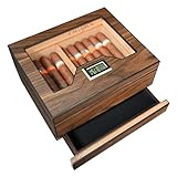 Volenx Humidor Zigarren, Zedernholz Humidor mit Hygrometer und Befeuchter, Handgefertigter Zigarrenetui mit Zubehörschublade für 25-30 Zigarren, Schwarz Nussbaum Holzmaserung (Keine Zigarre)
