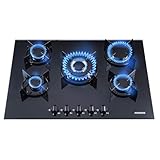 Arebos Gaskochfeld 70cm 5 Brenner | Gasherd aus gehärtetem Glas | Einbaukochfeld mit Gusseisen-Topfträgern | Erdgas & Propangas | Gaskocher mit integrierte Zündsicherung
