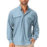 Hemd Herren Safari UPF50+ UV Schutz Wanderhemd Herren Langarm Funktionshemd Outdoorhemd Atmungsaktiv Schnelltrocknend Casual Button Down Shirts(5053 Blue L)