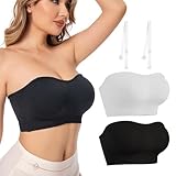 2 Stück Bandeau BH Damen Trägerloser BH Push Up Bustier Top ohne Bügel Schulterfrei Bra Tube Top mit Rutschfester Silikon Transparente Träger Schwarz+Weiß L