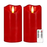 Justup Flammenlose LED-Kerzen, Set von 2 Flackernde LED Kerzen mit Fernbedienung und Timer, Dimmbare Säulen Kerzen Batterie betrieben, Kerzen für Herbst Halloween Thanksgiving Dekor (Rot)
