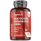 Glucosamin Chondroitin & MSM - 180 Kapseln - mit Vitamin C (trägt zur normalen Kollagenbildung für Knochen & Knorpelfunktion bei (EFSA)) - Mit Kurkuma & Hyaluronsäure - WeightWorld