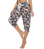 HAPYWER Haremshose Damen Kurz Baumwolle Yogahose High Waist Capri Sommerhose Jogginghose Pumphose Aladinhose Weit Bund für Pilates Yoga S-2XL(Flower59,L)