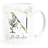 SpecialMe® Kaffee-Tasse mit Buchstabe Monogramm personalisiert mit Wunschname Initiale Blätter-Motiv persönliche Geschenke weiß Keramik-Tasse