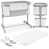 Moby-System Luna 3in1 Babybett & Kinderreisebett mit Matratze - Höhenverstellbares Baby Reisebett, Beistellbett bis 9 kg, Abnehmbare Seitenwand, 4 Transporträder, Grau