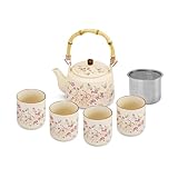 fanquare Teeservice mit Blumenmuster Gelb glasierte Porzellan Teekanne mit Sieb Japanische Teekanne Tassen für Erwachsene Geschenke, eine Teekanne mit 4 Tassen