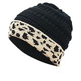 RUIRUILICO Damen Merino Wollmütze Winter Gefütterte Cuffed Plain Beanie Mütze Winddicht Warme Wintermütze Weicht Bommelmütze Leopardenmuster Bommelmütze Plissee Strickmütze