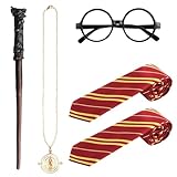 NVTRSD Zauberer Cosplay Set, 5 Stück Zauberstab aus Kunststoff mit Zeitumkehrer Halskette Tattoo Krawatte Brille, Halloween Karneval Party Cosplay Set für Karneval Verkleiden