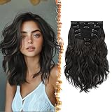 BARSDAR Clip in Haarverlängerungen Schwarz Braun 30cm Wellige Kurzes Clip in Extensions Für Frauen 6PCs Voller Kopf Dickes Synthetisches Haarteile Extensions - Schwarz Braun