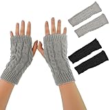 Scettar Handstulpen, 2 Paar Weicher Strick Handschuhe Ohne Finger, Winter Handschuhe Fingerlos Für Mädchen, Fingerlose Handschuhe Damen Für Weihnachten/Geburtstagsgeschenk (Schwarz, Hellgrau)