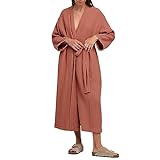Hxiaen Langärmliges Damen-Nachthemd, Langer Cardigan, doppellagiger, lockerer -Pyjama Dessous Morgenmantel (Orange, M)