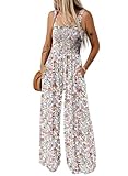 Dokotoo Jumpsuit Damen Sommer Blumenmuster Latzhose Casual Lose Overall Weites Bein Lang Romper Leicht Strand Maxikleid mit Taschen, hellrosa, XL